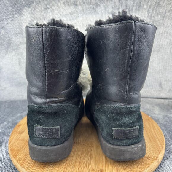 UGG Boots Womens Size 10 Black Pom Pom Shearling Leather Suede Winter 1018605 - Picture 4 of 10